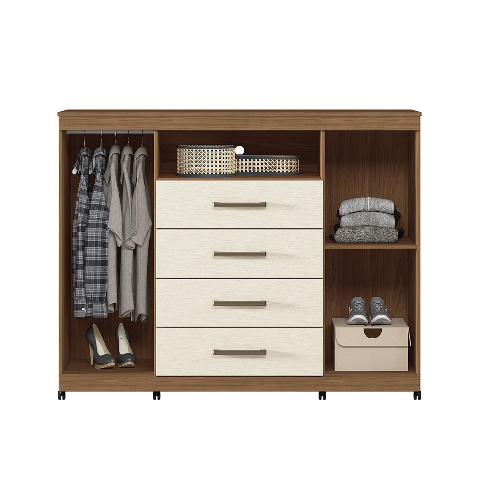 Cômoda Master com Rodízios 2 Portas 4 Gavetas Jatobá e Areia