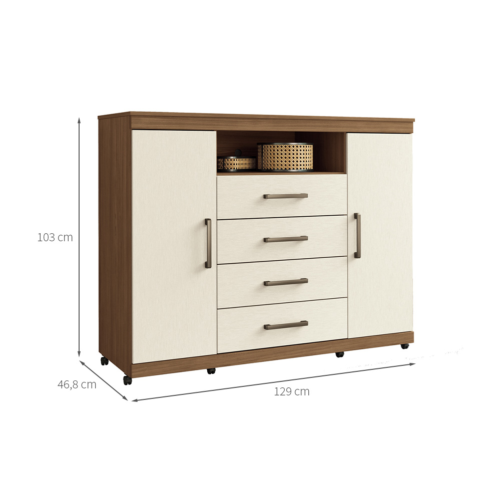 Cômoda Master com Rodízios 2 Portas 4 Gavetas Jatobá e Areia