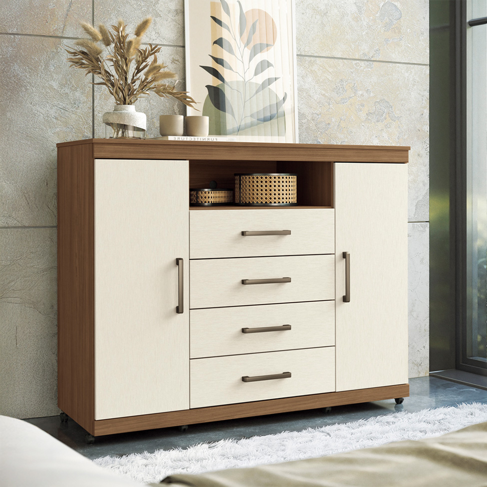 Cômoda Master com Rodízios 2 Portas 4 Gavetas Jatobá e Areia