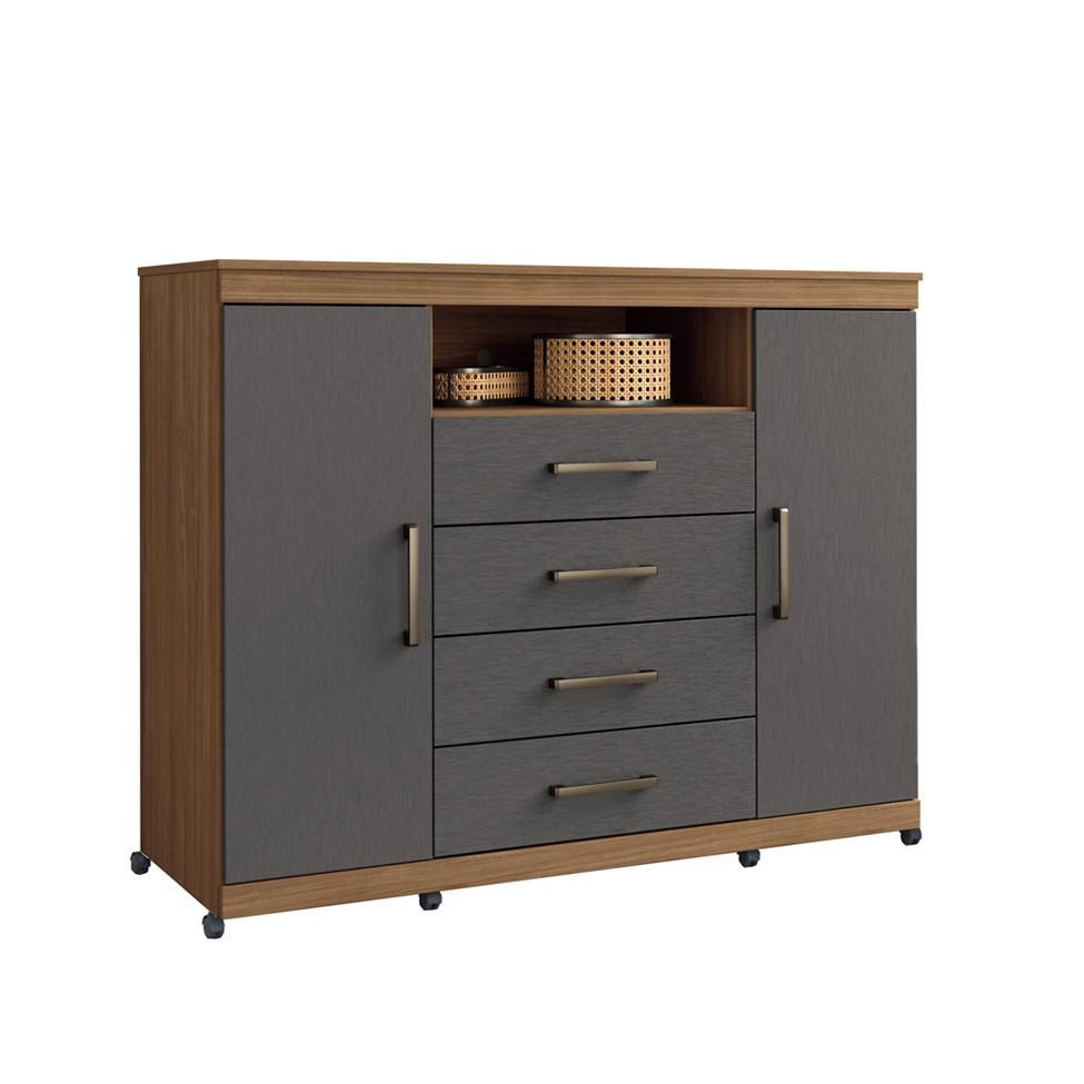 Cômoda Master com Rodízios 2 Portas 4 Gavetas Jatobá e Grafite