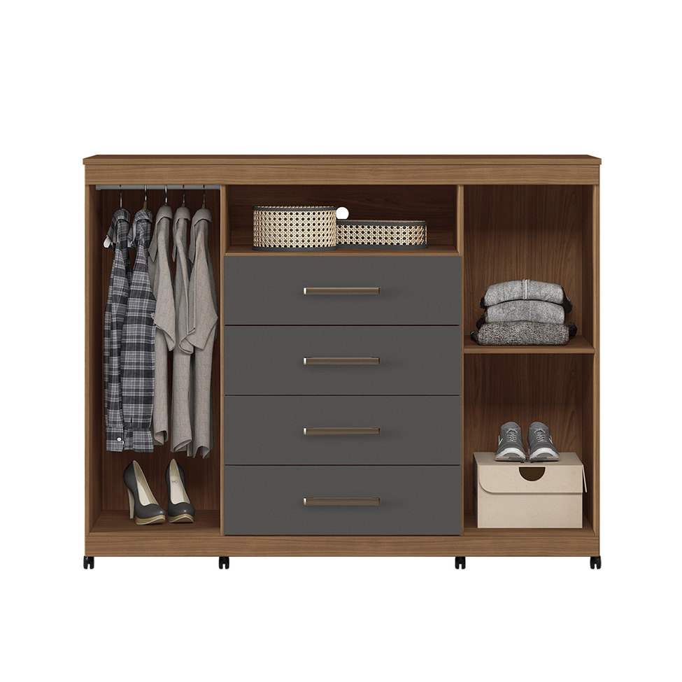 Cômoda Master com Rodízios 2 Portas 4 Gavetas Jatobá e Grafite