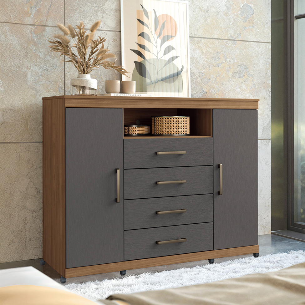 Cômoda Master com Rodízios 2 Portas 4 Gavetas Jatobá e Grafite