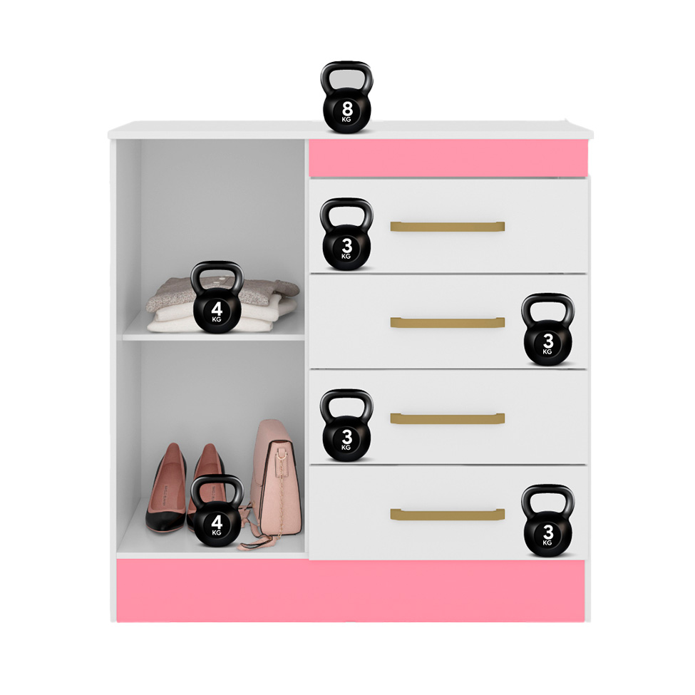 Cômoda Montevidéu Flex 1 Porta 4 Gavetas Branca e Rosa