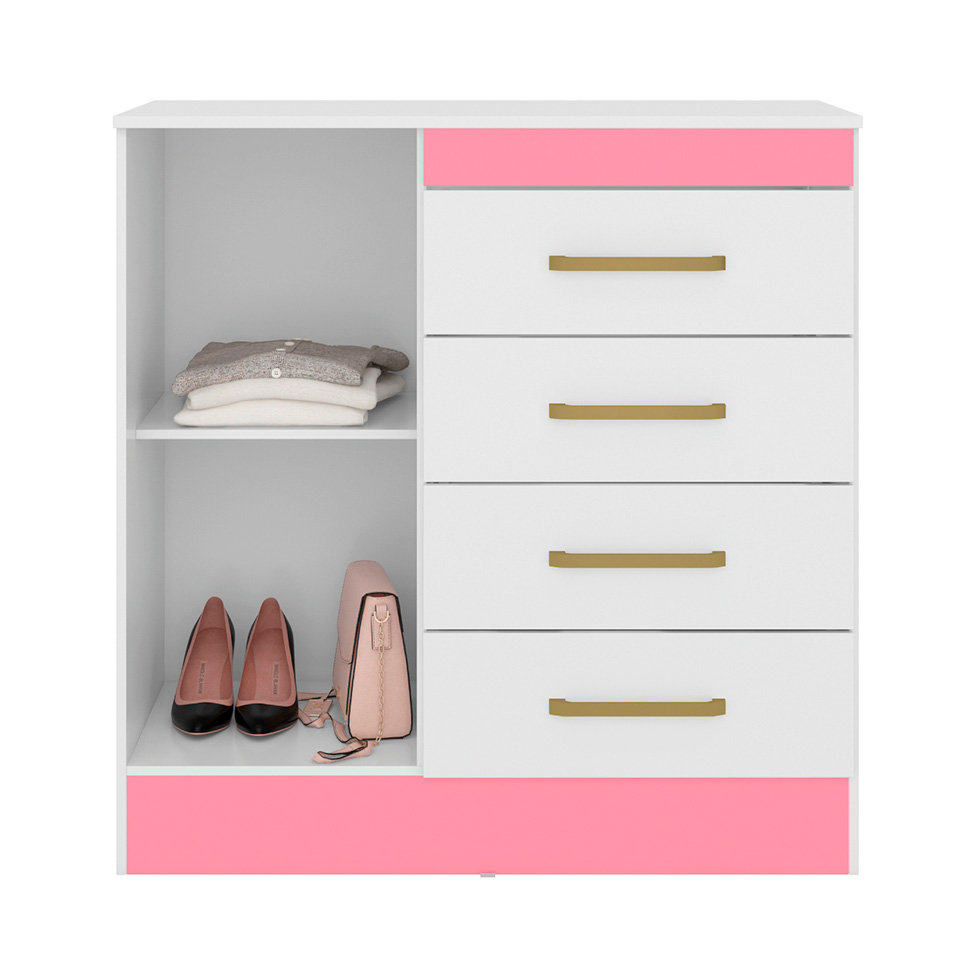 Cômoda Montevidéu Flex 1 Porta 4 Gavetas Branca e Rosa
