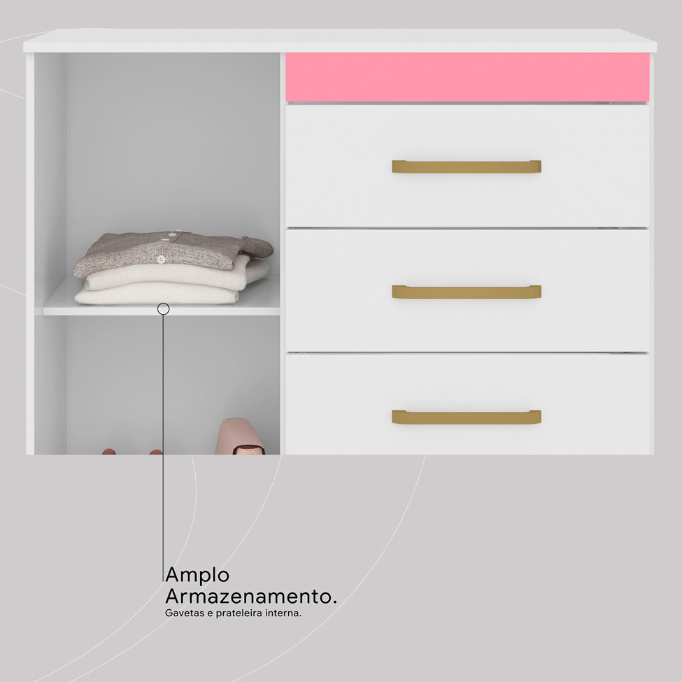 Cômoda Montevidéu Flex 1 Porta 4 Gavetas Branca e Rosa