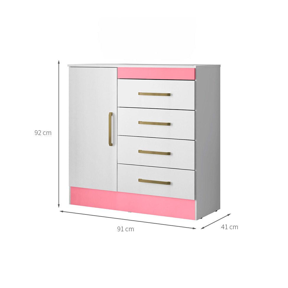 Cômoda Montevidéu Flex 1 Porta 4 Gavetas Branca e Rosa