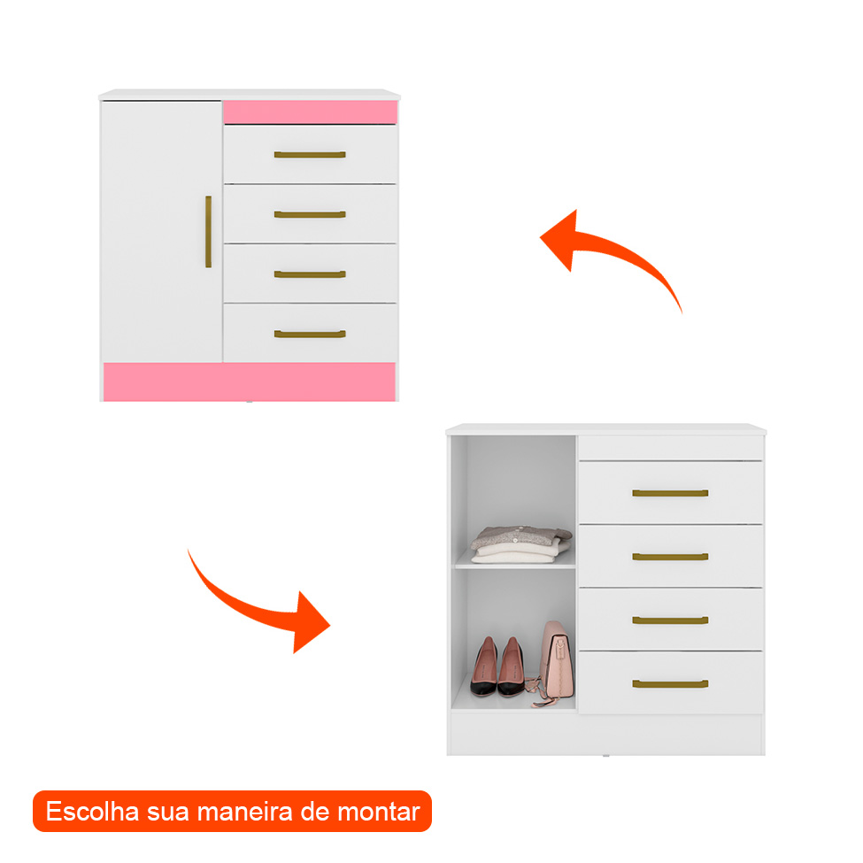 Cômoda Montevidéu Flex 1 Porta 4 Gavetas Branca e Rosa