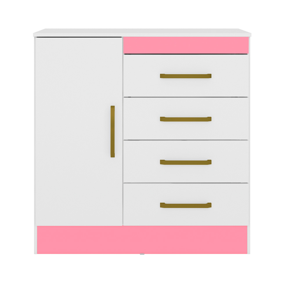 Cômoda Montevidéu Flex 1 Porta 4 Gavetas Branca e Rosa