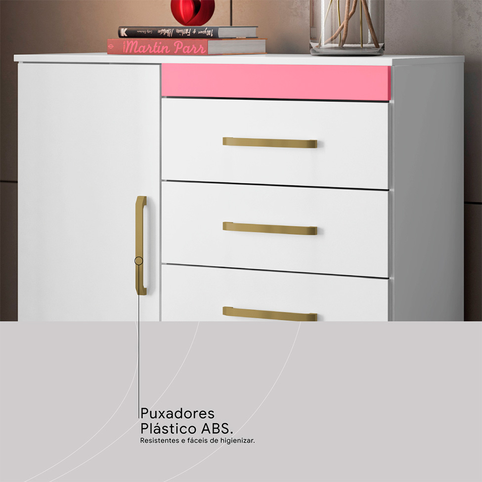 Cômoda Montevidéu Flex 1 Porta 4 Gavetas Branca e Rosa