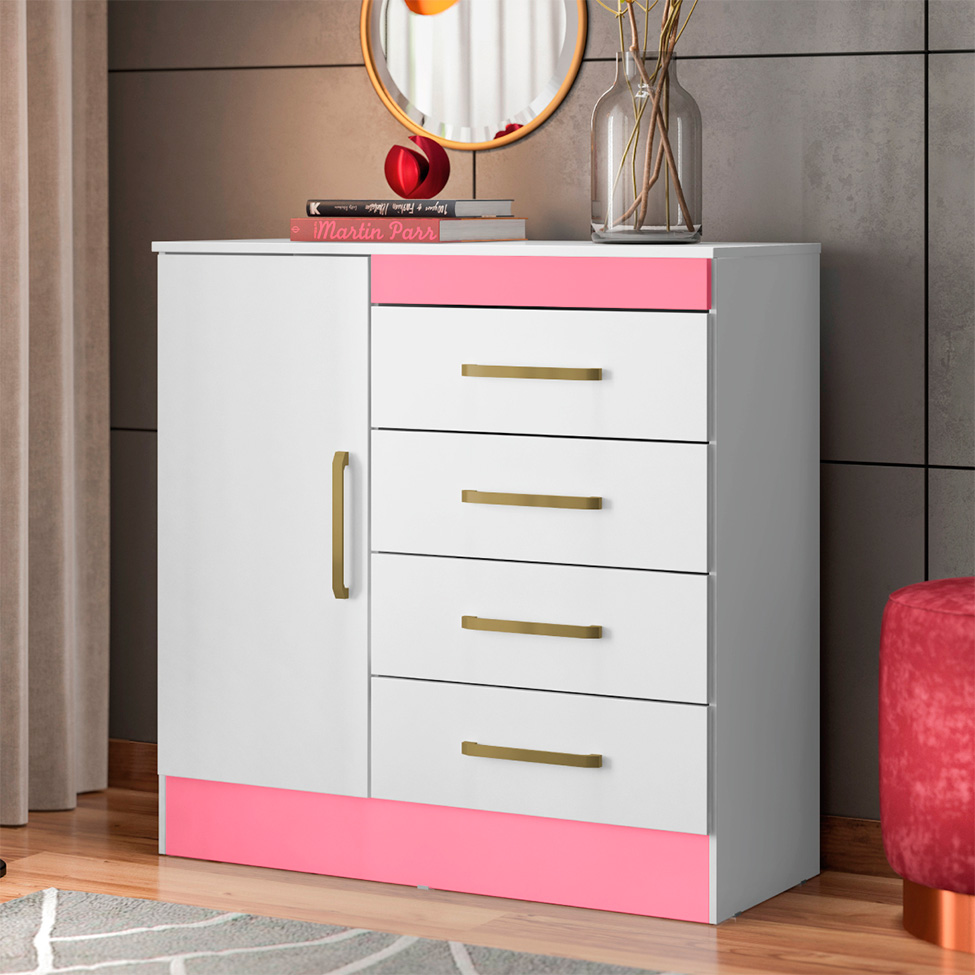 Cômoda Montevidéu Flex 1 Porta 4 Gavetas Branca e Rosa