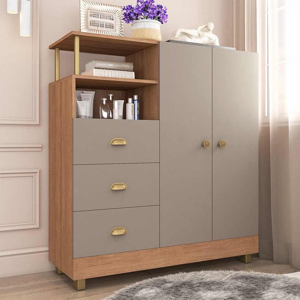 Cômoda Oasis 2 Portas 3 Gavetas Mel e Fendi