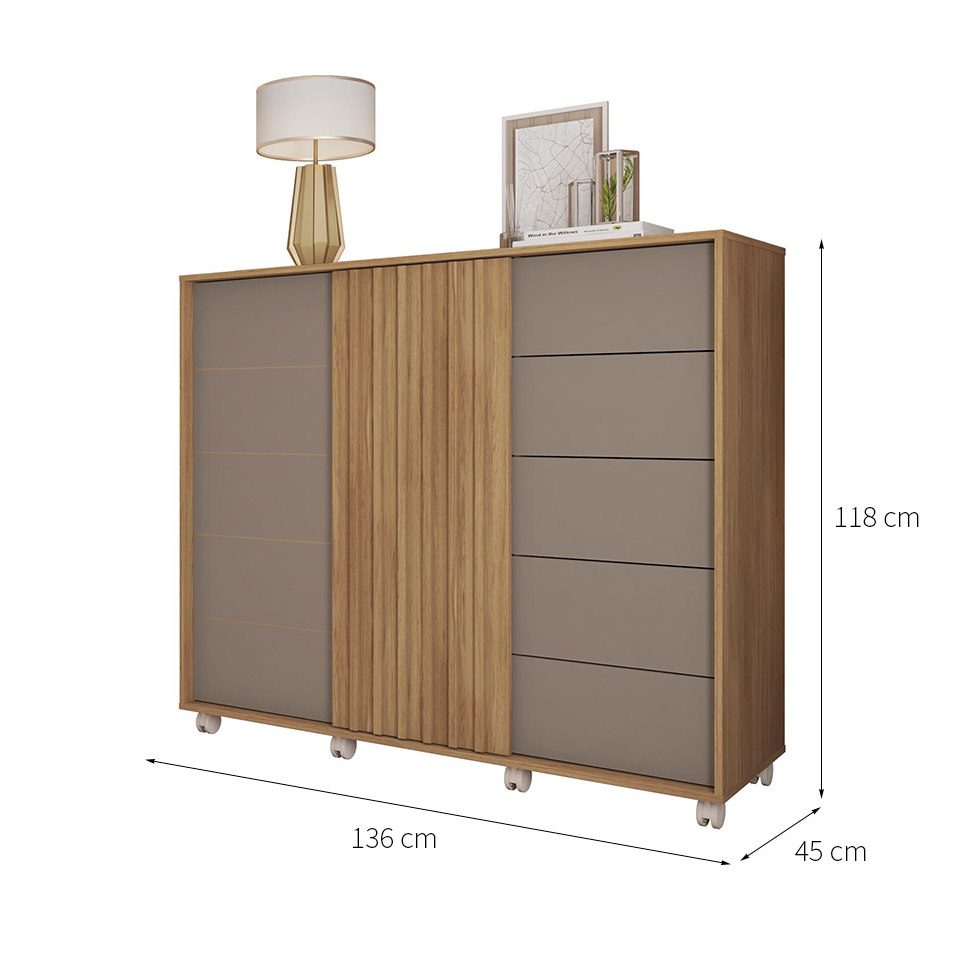 Cômoda Pegasus 2 Portas 5 Gavetas Buriti e Fendi