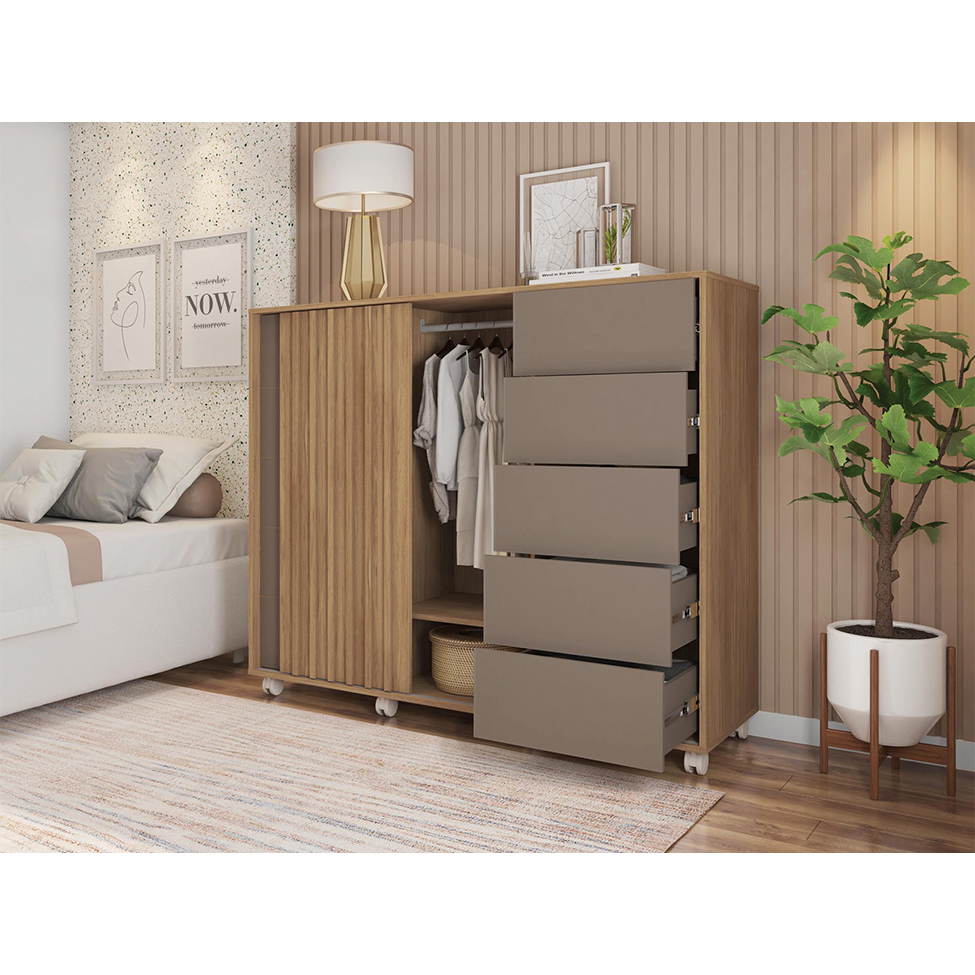 Cômoda Pegasus 2 Portas 5 Gavetas Buriti e Fendi