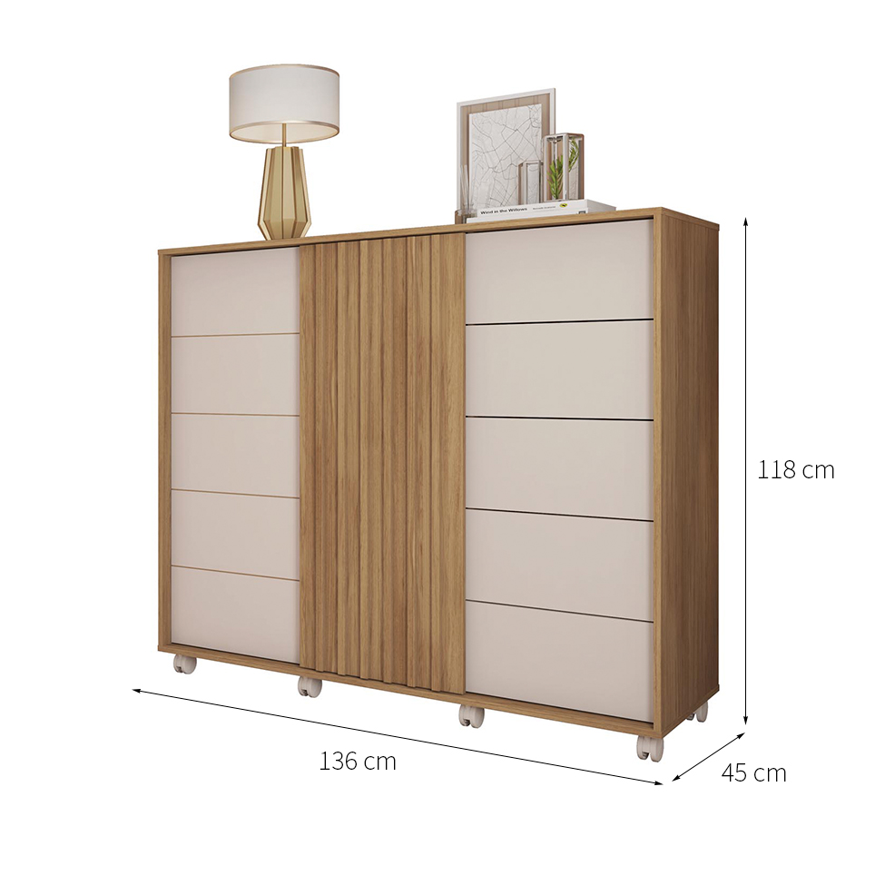 Cômoda Pegasus 2 Portas 5 Gavetas Buriti e Off White