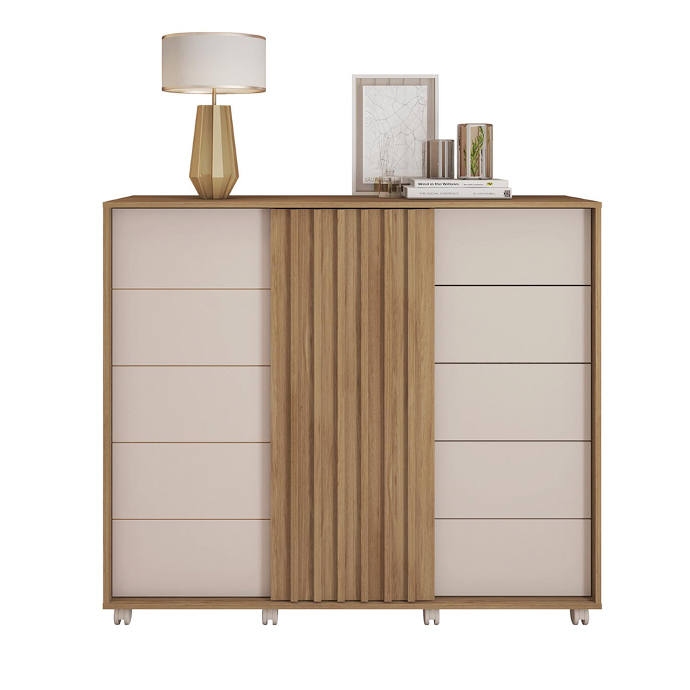 Cômoda Pegasus 2 Portas 5 Gavetas Buriti e Off White