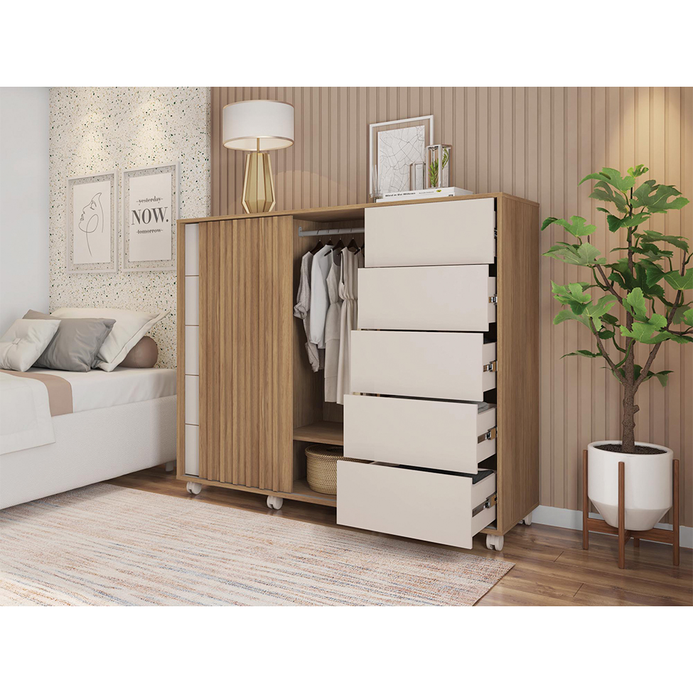 Cômoda Pegasus 2 Portas 5 Gavetas Buriti e Off White