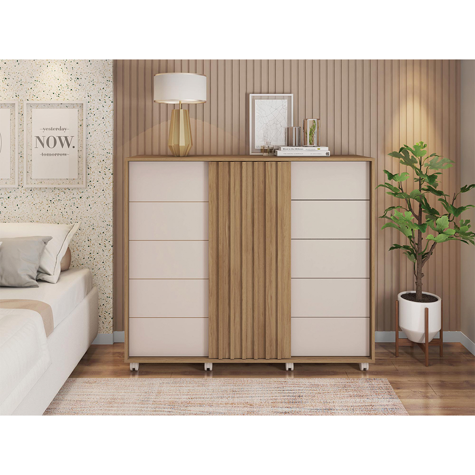 Cômoda Pegasus 2 Portas 5 Gavetas Buriti e Off White