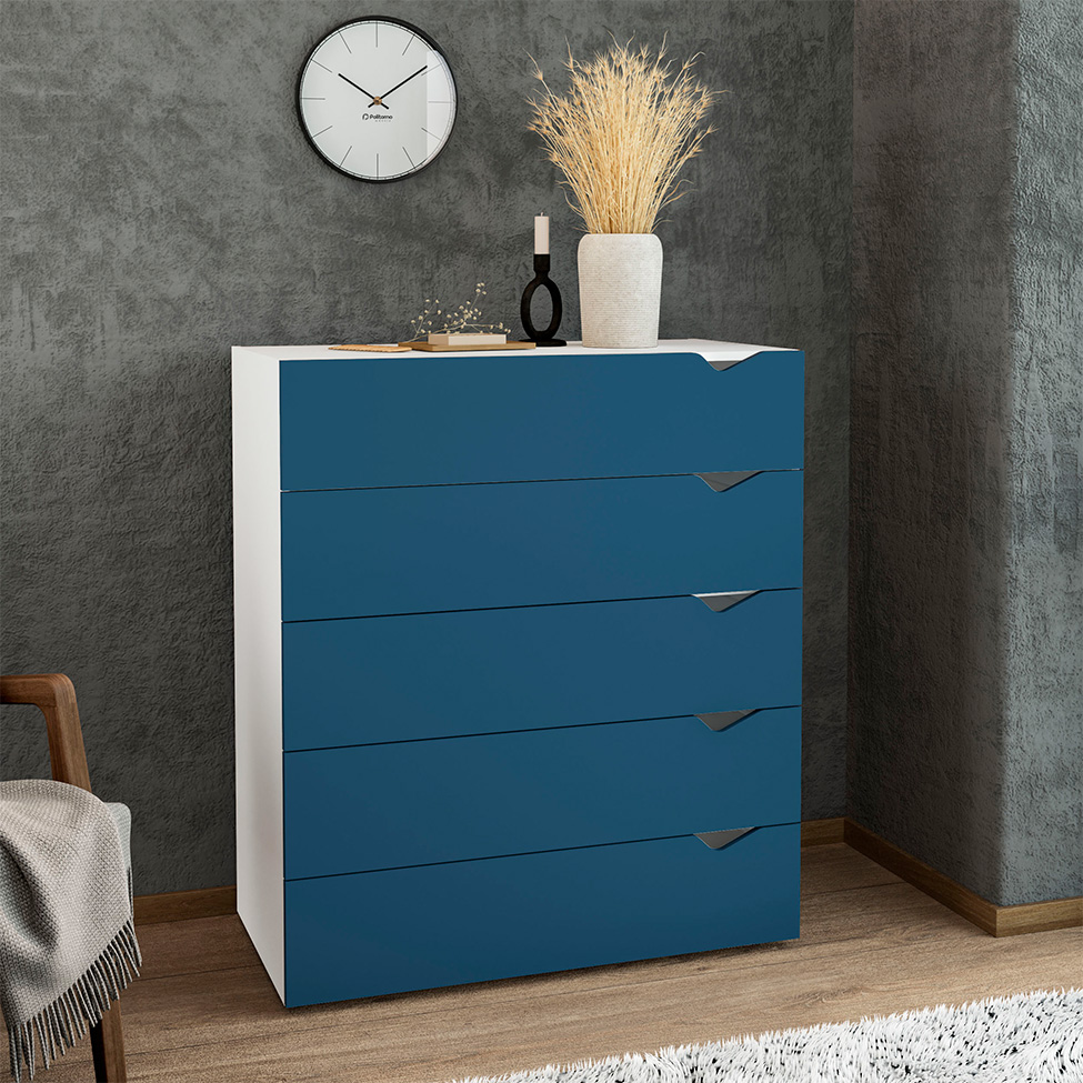 Cômoda Porto 5 Gavetas Azul e Branca