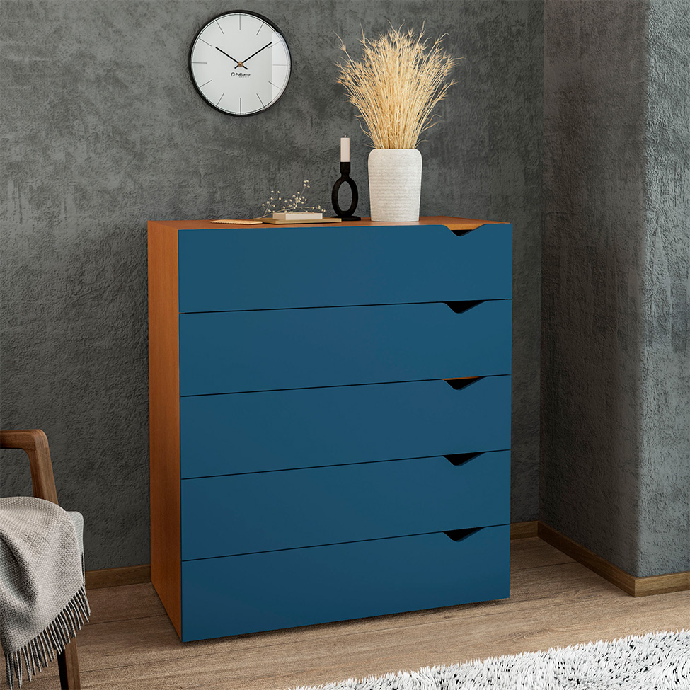 Cômoda Porto 5 Gavetas Azul e Freijó