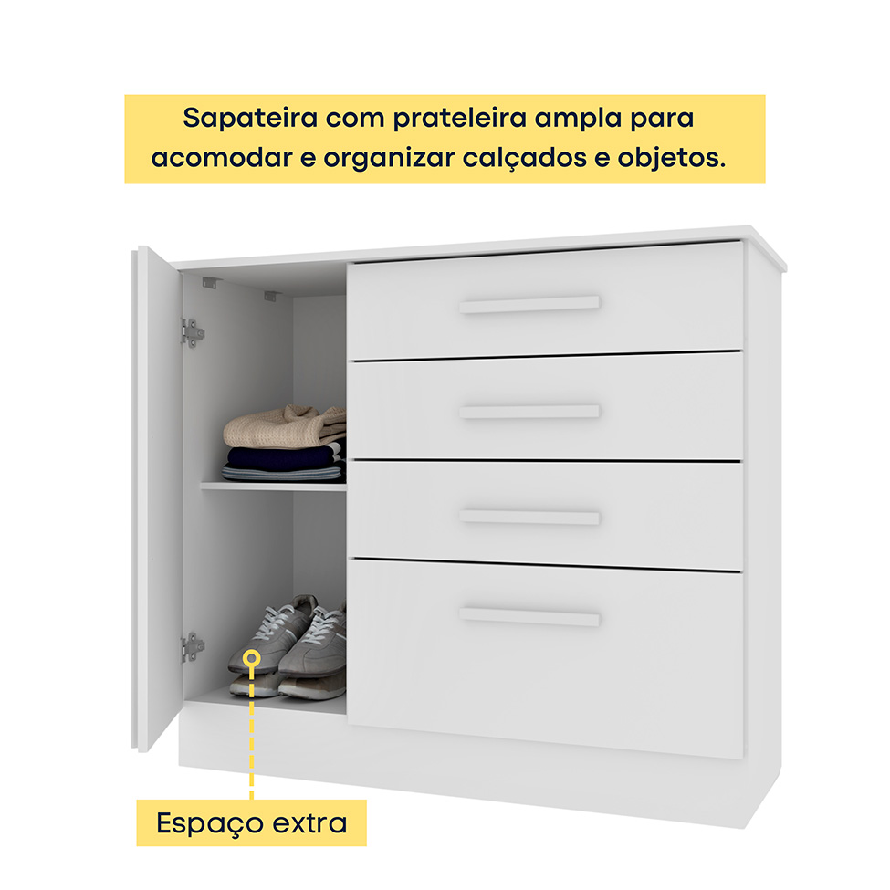 Cômoda Ravello com Pés 1 Porta 4 Gavetas Neve