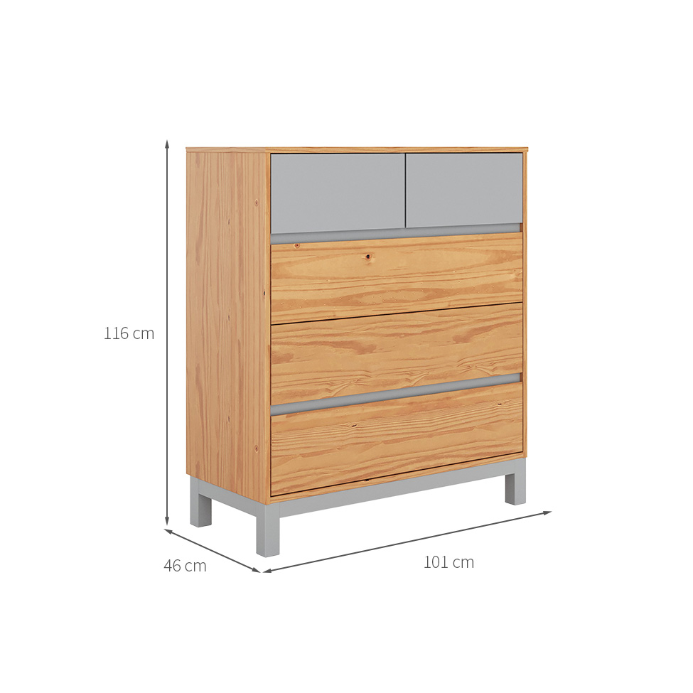 Cômoda Square 5 Gavetas Madeira Maciça Natural Pine e Cool Grey