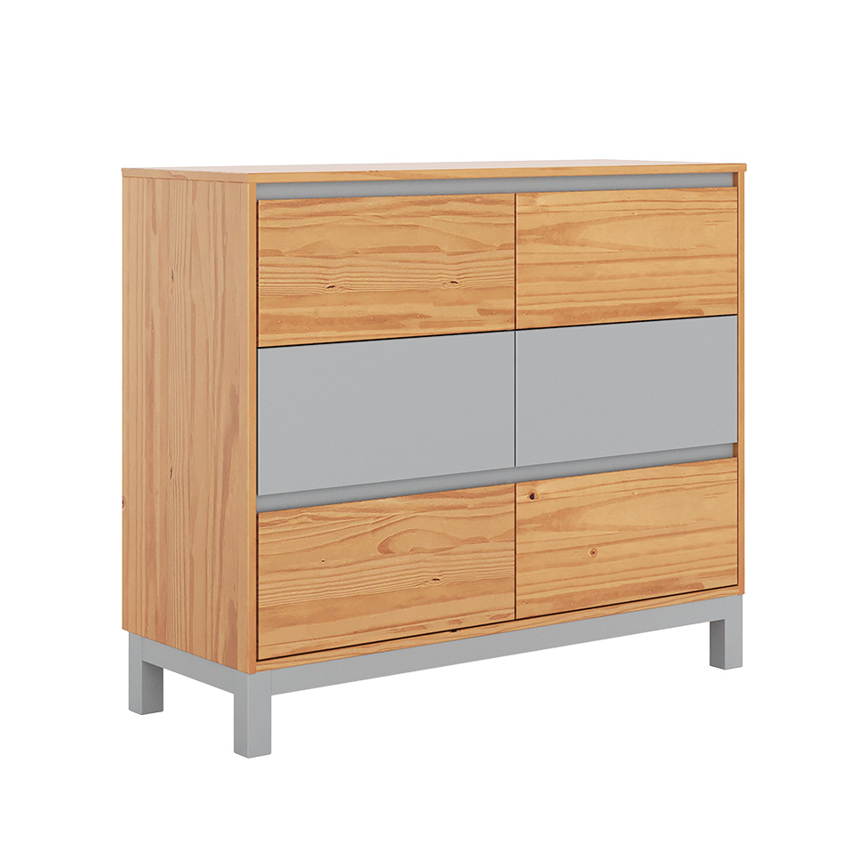 Cômoda Square 6 Gavetas Madeira Maciça Natural Pine e Cool Grey