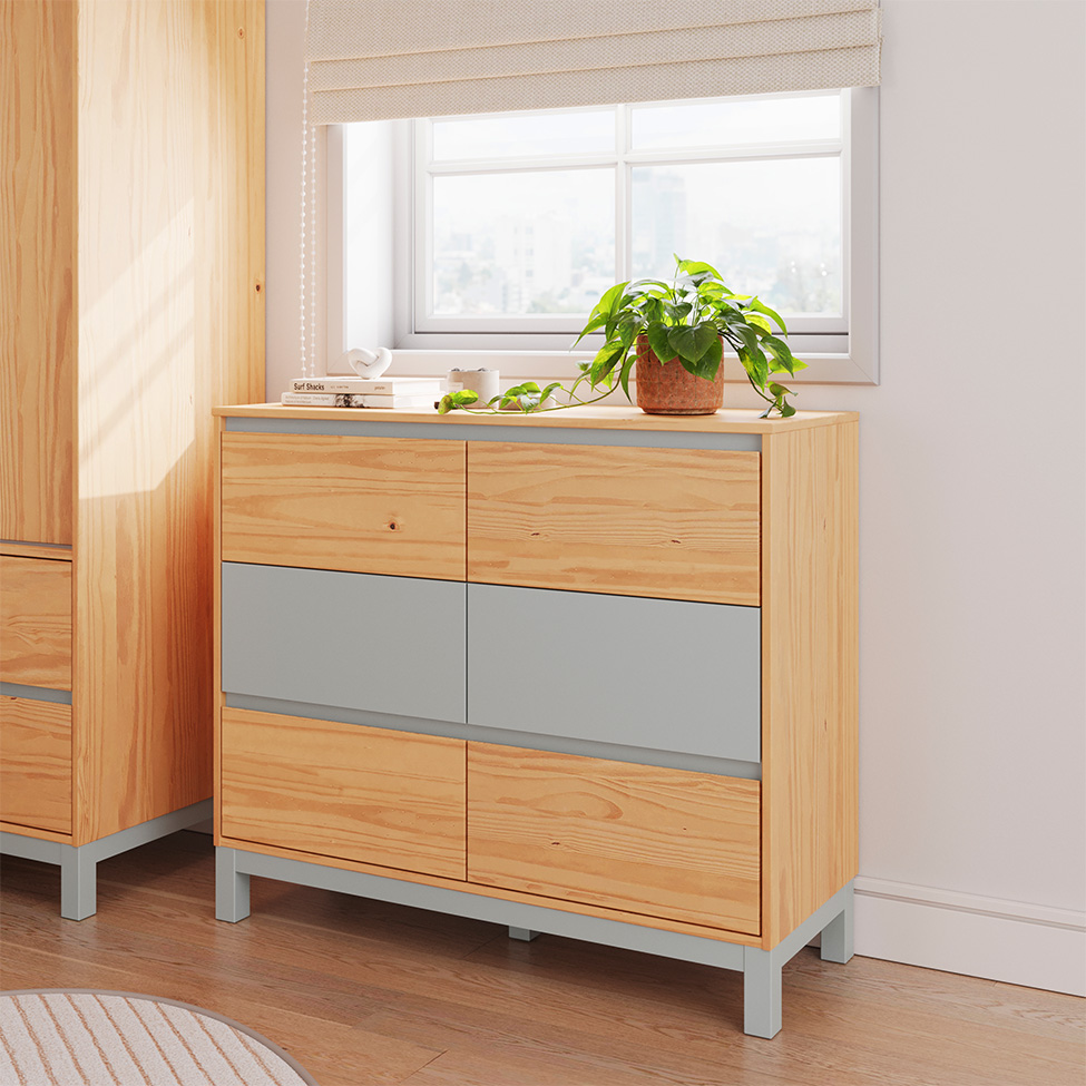 Cômoda Square 6 Gavetas Madeira Maciça Natural Pine e Cool Grey