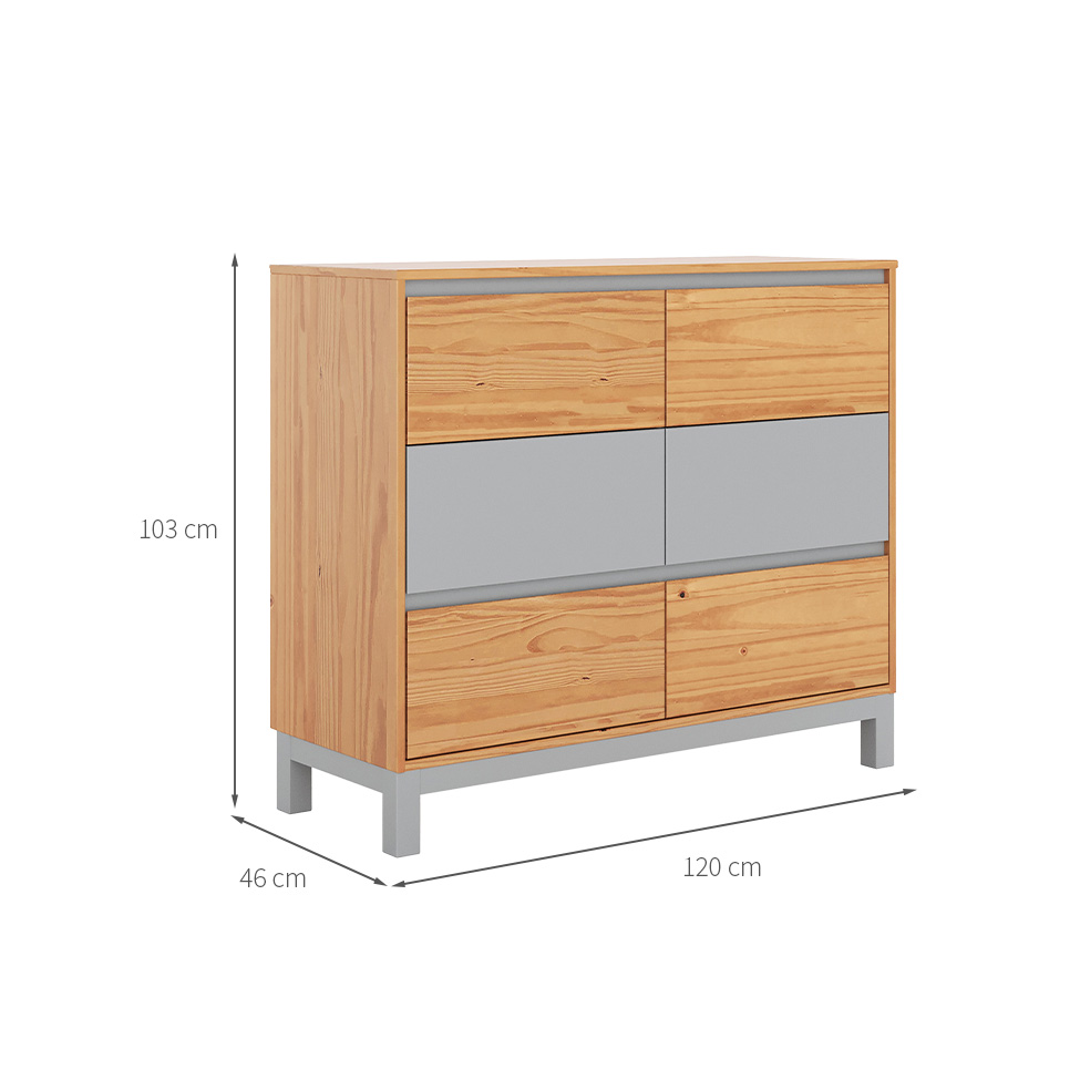 Cômoda Square 6 Gavetas Madeira Maciça Natural Pine e Cool Grey