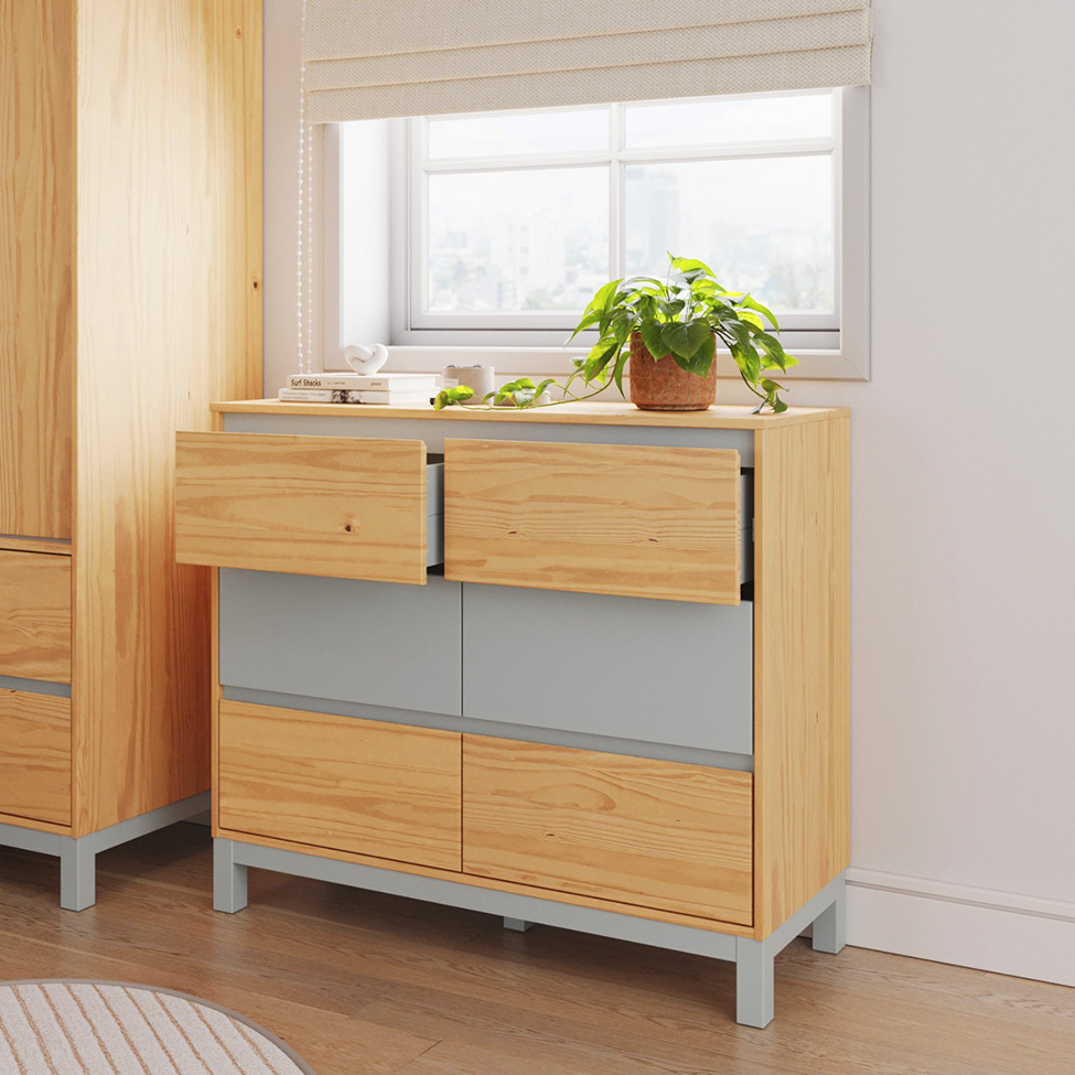 Cômoda Square 6 Gavetas Madeira Maciça Natural Pine e Cool Grey
