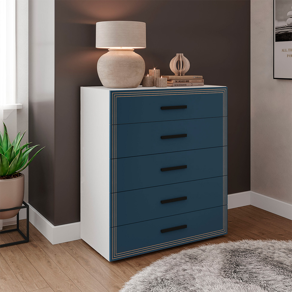 Cômoda Valência 5 Gavetas Azul e Branca