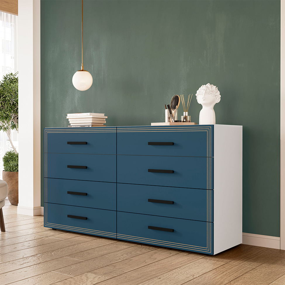 Cômoda Valência 8 Gavetas Azul e Branca