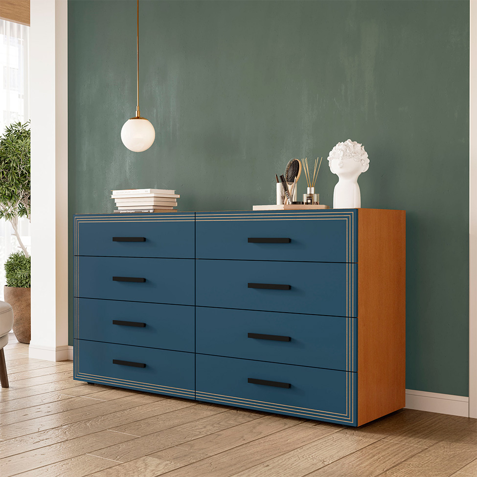 Cômoda Valência 8 Gavetas Azul e Freijó