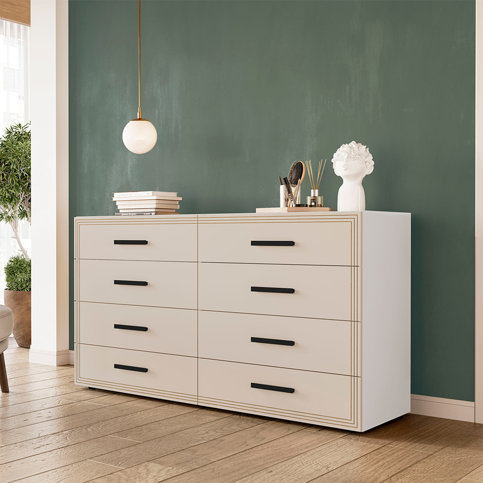 Cômoda Valência 8 Gavetas Creme e Branca