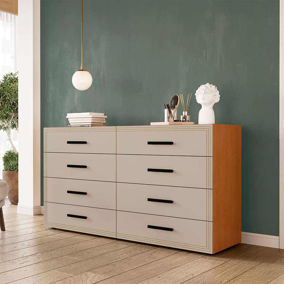 Cômoda Valência 8 Gavetas Creme e Freijó