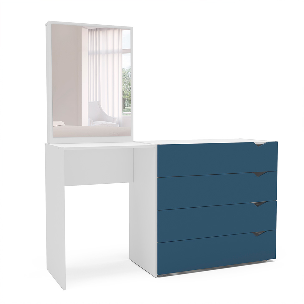 Cômoda com Espelho Porto 4 Gavetas Branca e Azul