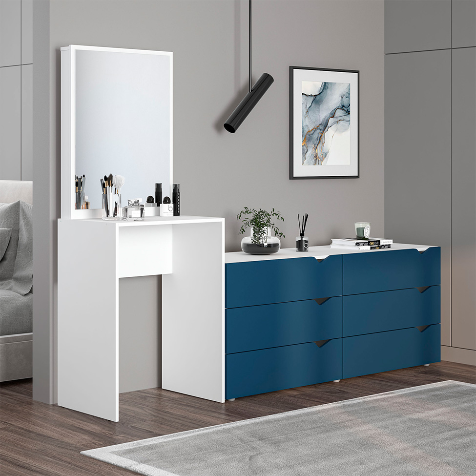 Cômoda com Espelho Porto 6 Gavetas Branca e Azul