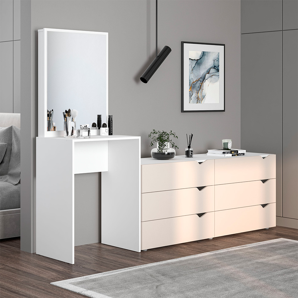 Cômoda com Espelho Porto 6 Gavetas Branca e Creme