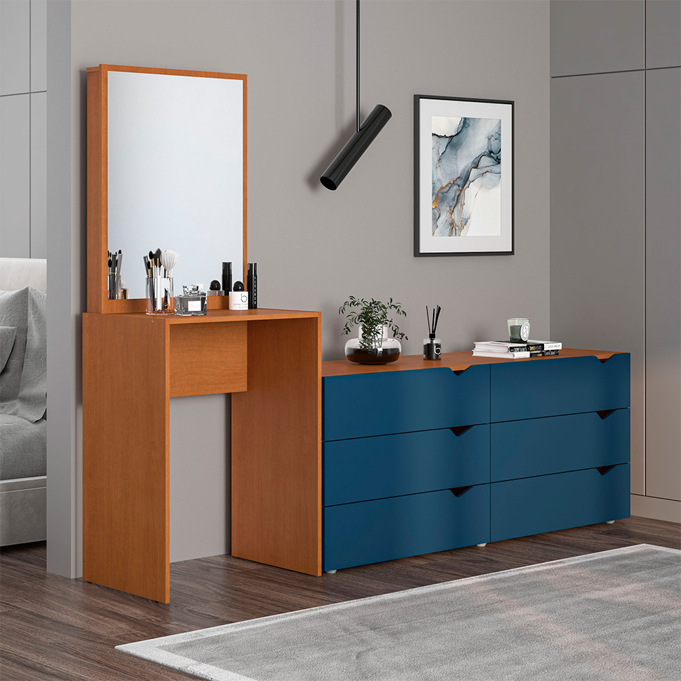Cômoda com Espelho Porto 6 Gavetas Freijó e Azul