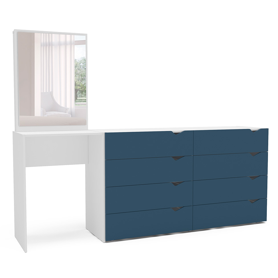 Cômoda com Espelho Porto 8 Gavetas Branca e Azul