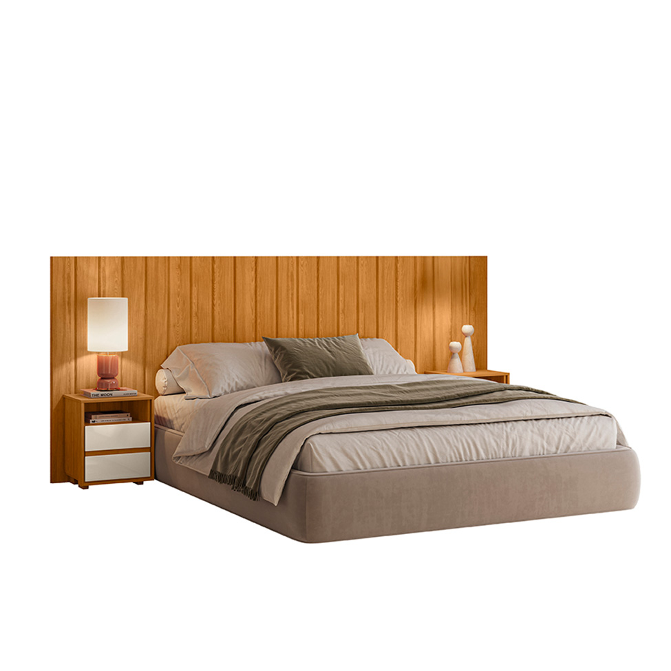 Cabeceira Casal Extensível com 2 Mesas de Apoio Frida 4 Gavetas Cinamomo e Off White