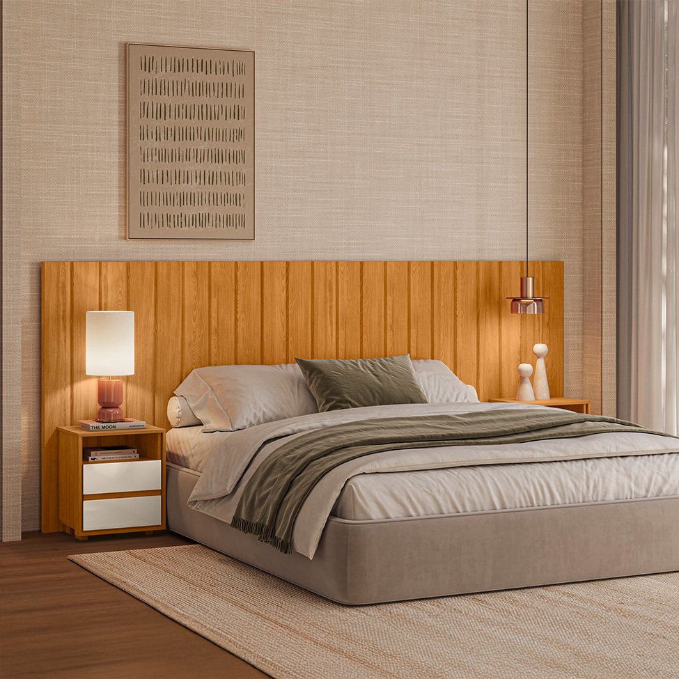 Cabeceira Casal Extensível com 2 Mesas de Apoio Frida 4 Gavetas Cinamomo e Off White