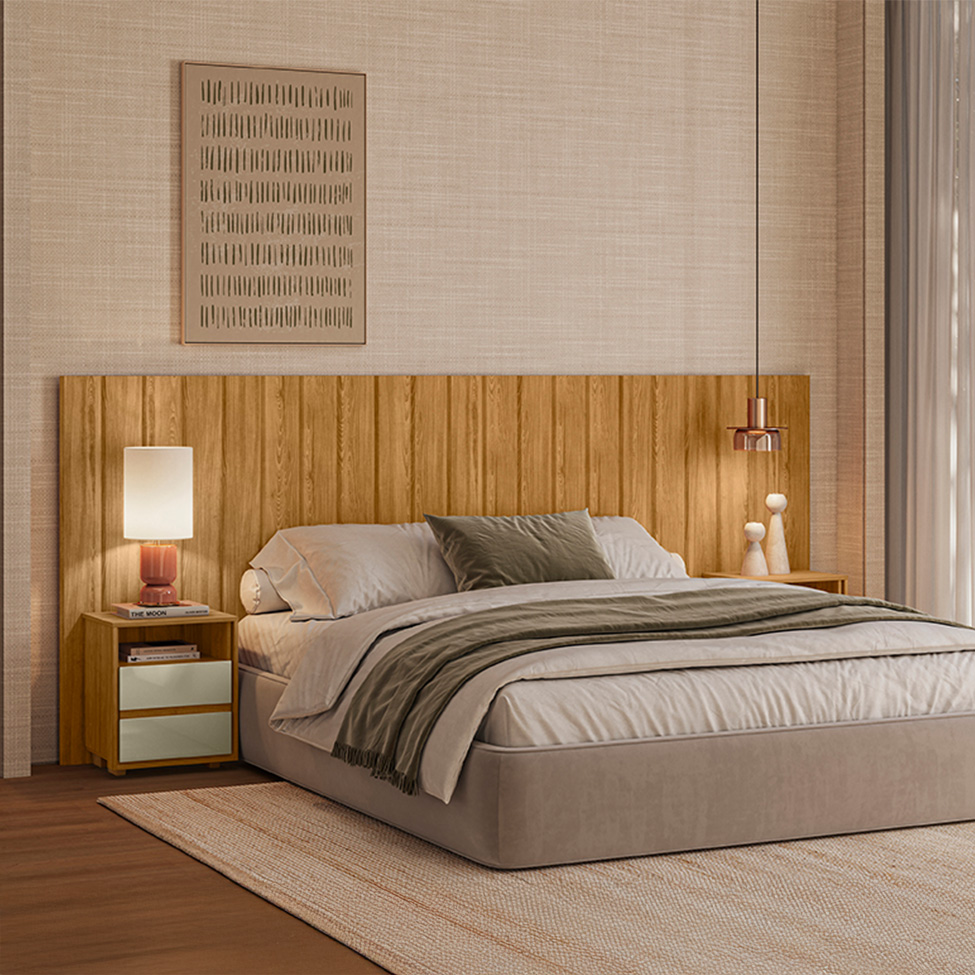 Cabeceira Casal Extensível com 2 Mesas de Apoio Frida 4 Gavetas Cumaru e Opala