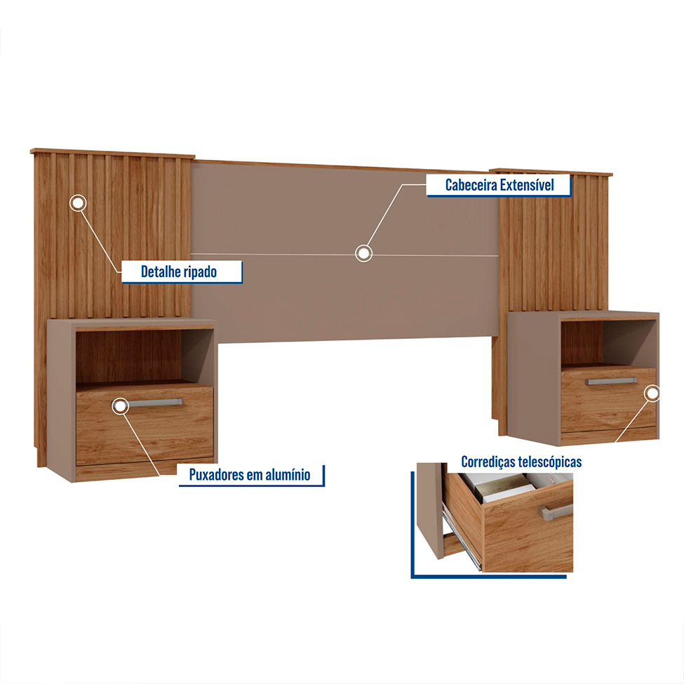 Cabeceira Casal Extensível com 2 Mesas de Apoio Lucius 2 GV Buriti e Fendi