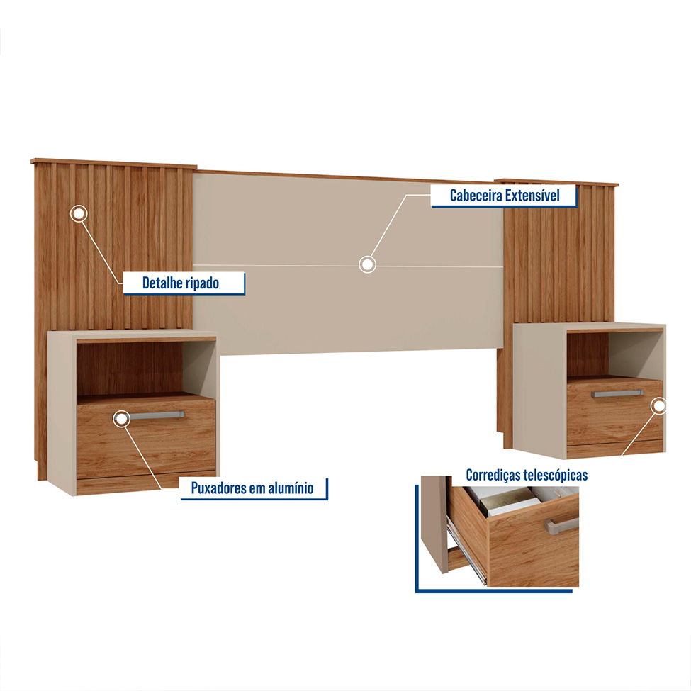 Cabeceira Casal Extensível com 2 Mesas de Apoio Lucius 2 GV Buriti e Off White