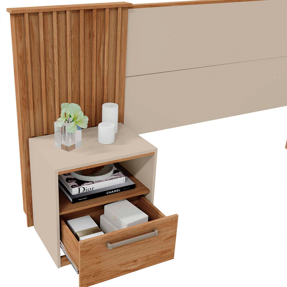 Cabeceira Casal Extensível com 2 Mesas de Apoio Lucius 2 GV Buriti e Off White
