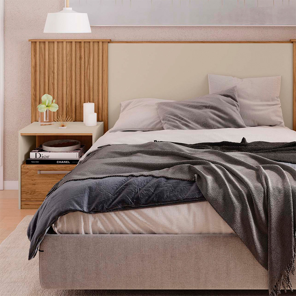 Cabeceira Casal Extensível com 2 Mesas de Apoio Lucius 2 GV Buriti e Off White