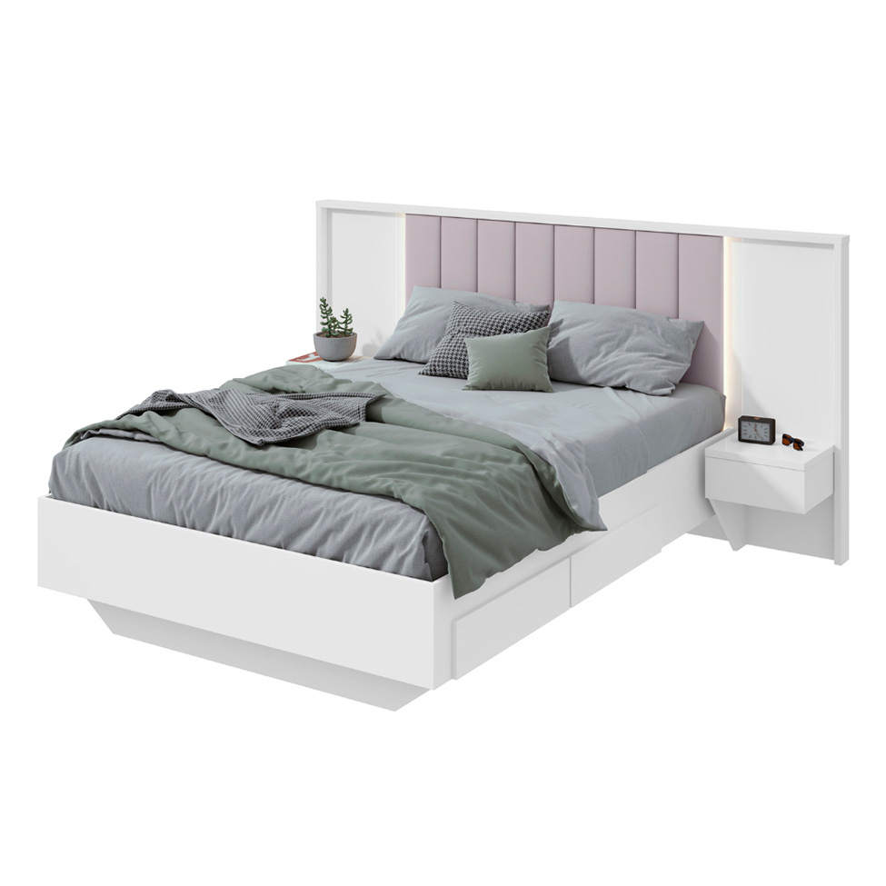 Cama  Casal com 2 Mesas de Apoio Solaris 4 GV Revestimento Sintético Bege e Branca