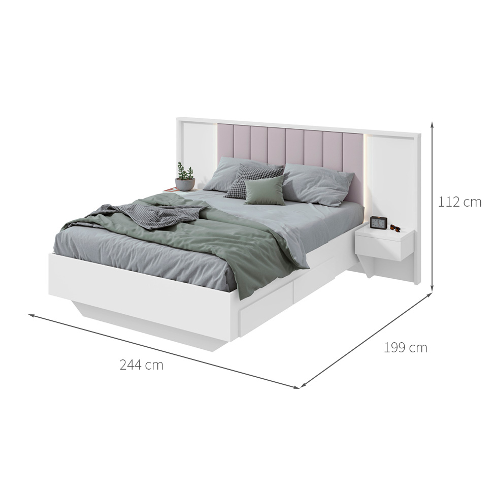 Cama  Casal com 2 Mesas de Apoio Solaris 4 GV Revestimento Sintético Bege e Branca