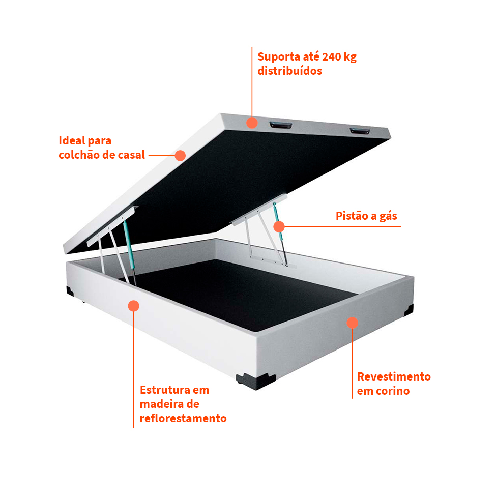 Cama Box Baú Martin Premium com Colchão Casal Sublime Mola Ensacada e Espuma Viscoelástica (32x138x188) Cinza e Branco