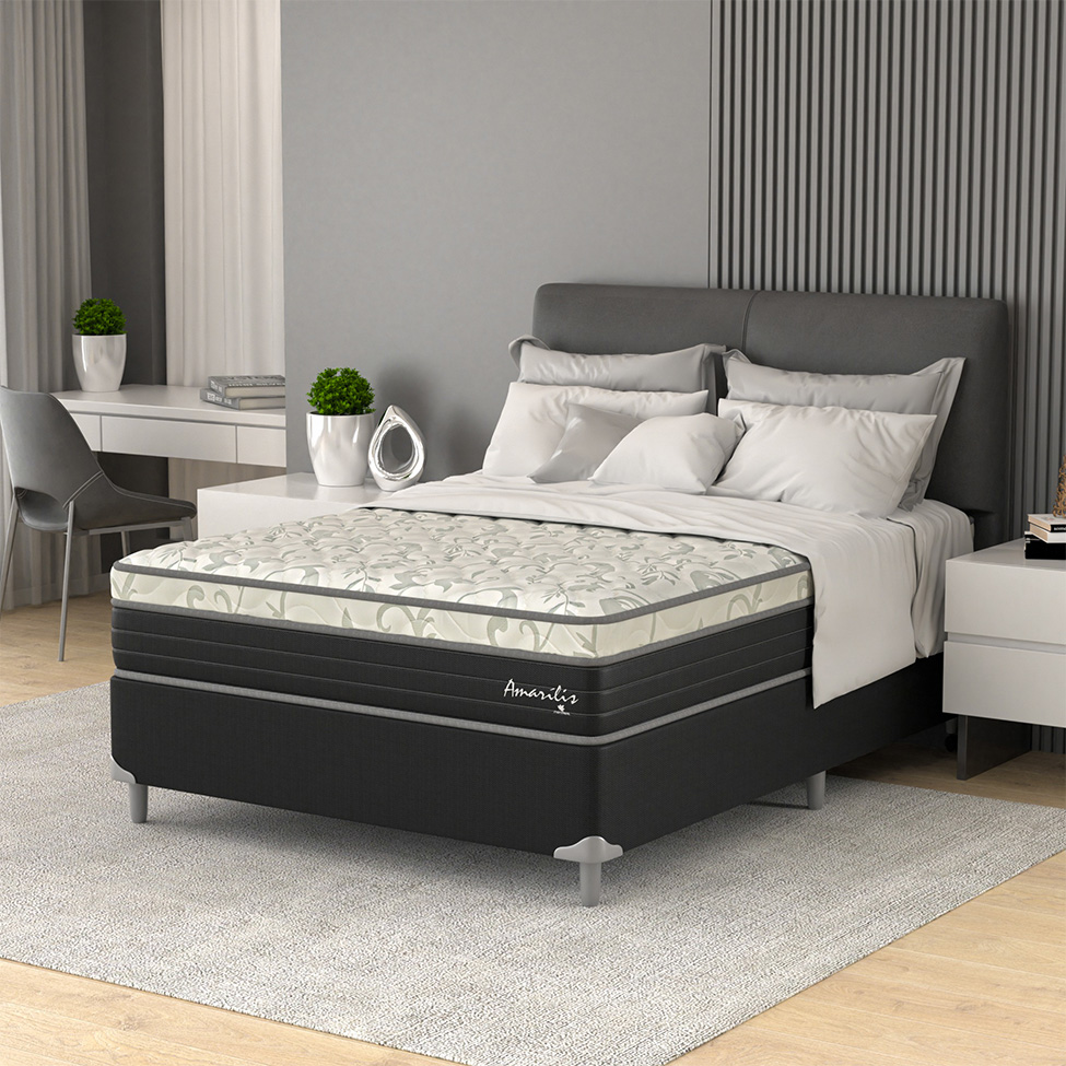 Cama Box Casal Amarilis com Colchão D33 Preta e Branca